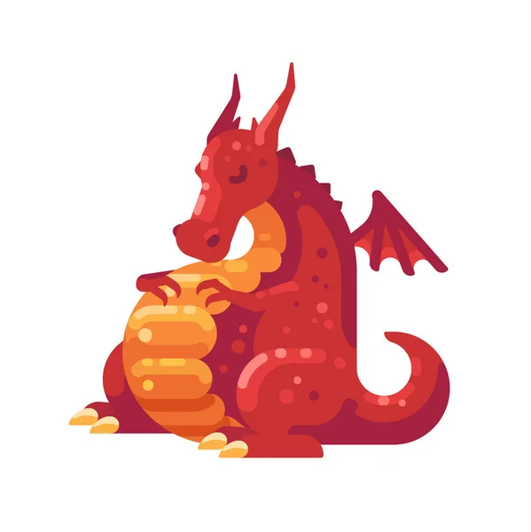 Жирный Красный Дракон Спит Фантастическая Плоская Иллюстрация — стоковый вектор