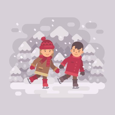 İki küçük çocuklar buz pateni bir dağ gölü. Kış düz illüstrasyon