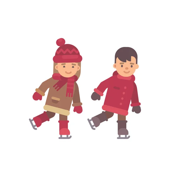 Two Kids Ice Skating Winter Flat Illustration — Stock Vector