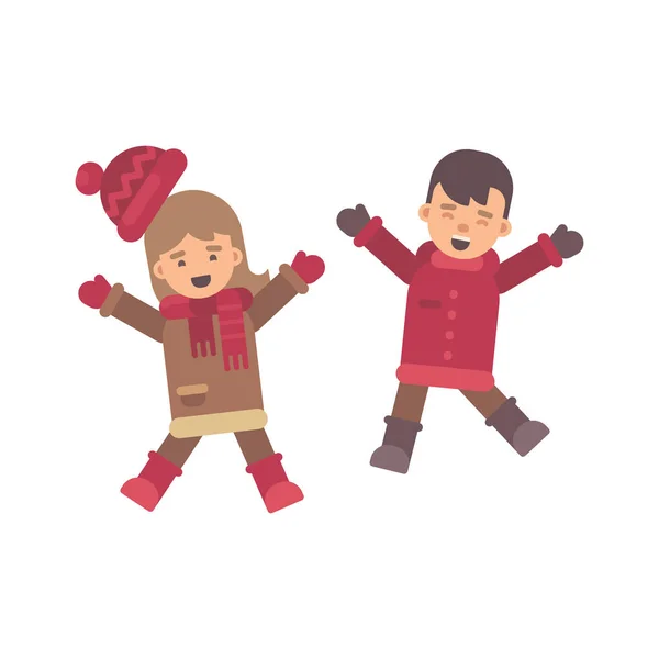 Twee Gelukkige Kinderen Winterkleren Springen — Stockvector
