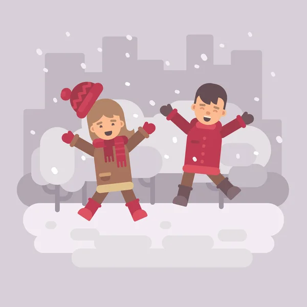 Two Happy Kids Jumping Snowy Winter City — Stock Vector