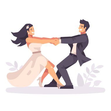 Elele ve etrafında dönen, kalp şekli oluşturan romantik genç düğün çifti