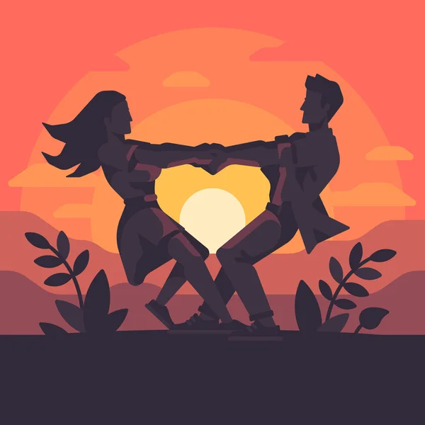 Silhouette Jeune Couple Romantique Tenant Main Tournant Autour Formant Cœur — Image vectorielle