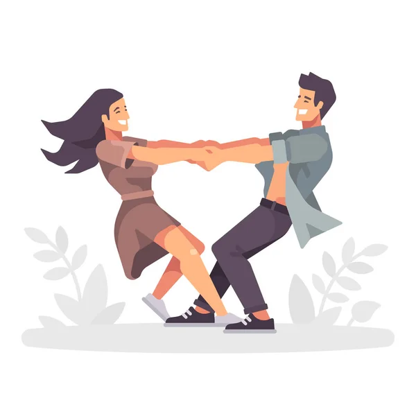 Romantische Jonge Paar Hand Hand Ronddraaien Die Een Hart Vormen — Stockvector