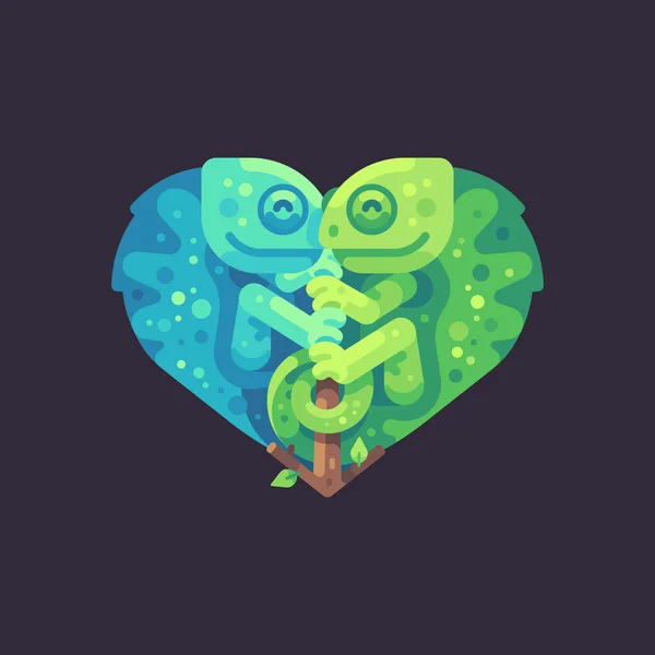 Two Cute Chameleons Branch Shape Heart Valentine Day Flat Illustration — Stock Vector
