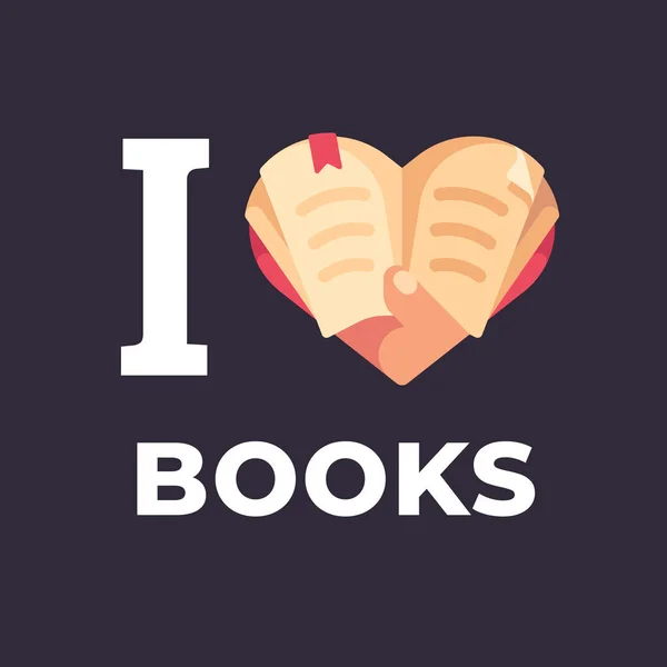 Me encantan los libros ilustración plana. Mano sosteniendo un libro en forma de corazón . — Vector de stock