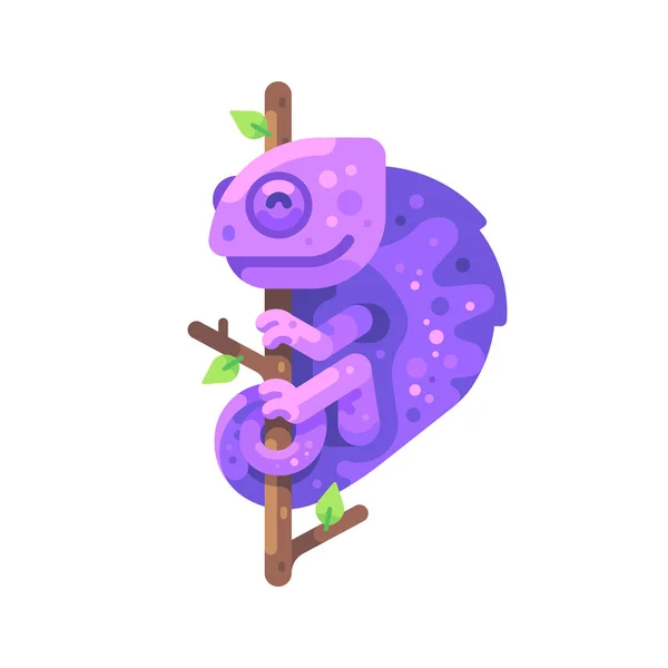 Camaleón púrpura sentado en una rama de árbol — Vector de stock