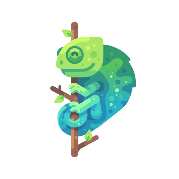 Green and blue chameleon sitting on a tree branch — Stock Vector