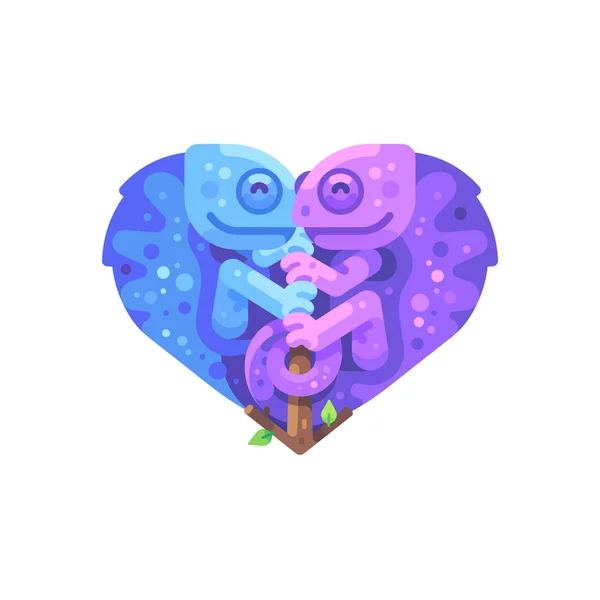 Синий и фиолетовый хамелеоны в форме сердца — стоковый вектор