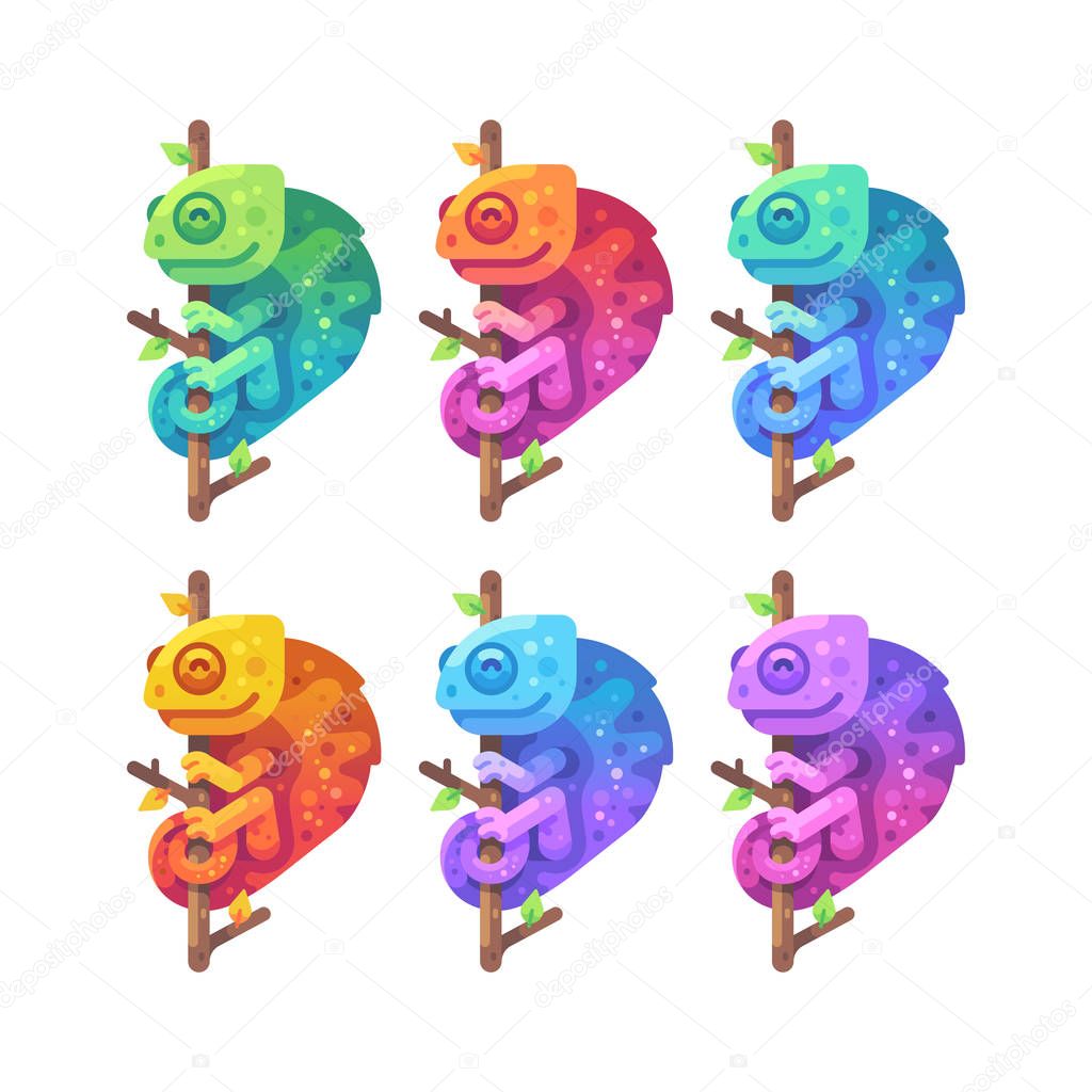 Set of colorful gradient chameleons on tree branch