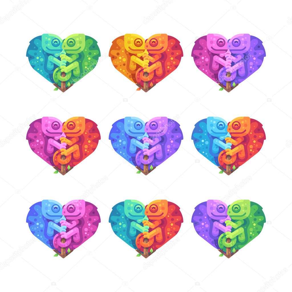Set of colorful chameleon couples sitting on tree branches in the shape of a heart.