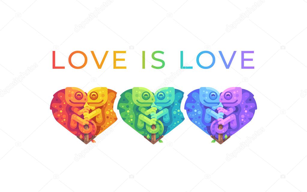 Love is love. Pride month rainbow illustration with cute chameleons. LGBTQ community concept