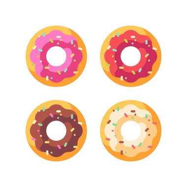 Renkli sırlı donut seti. Tatlı düz simgeler