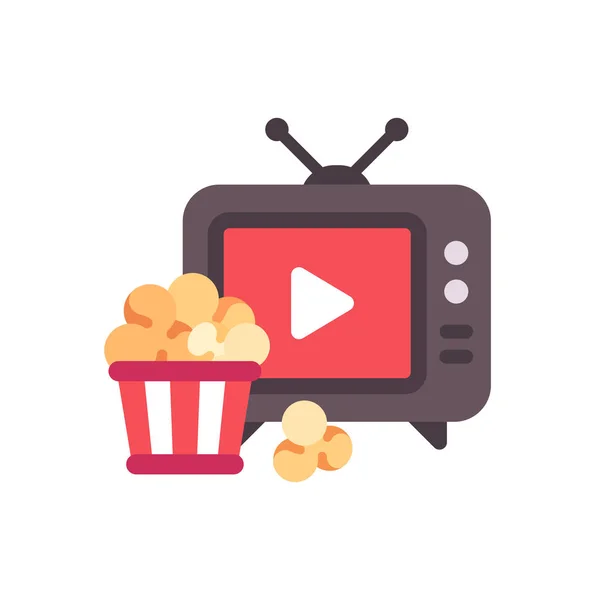 TV com botão play e ícone balde de pipoca plana —  Vetores de Stock