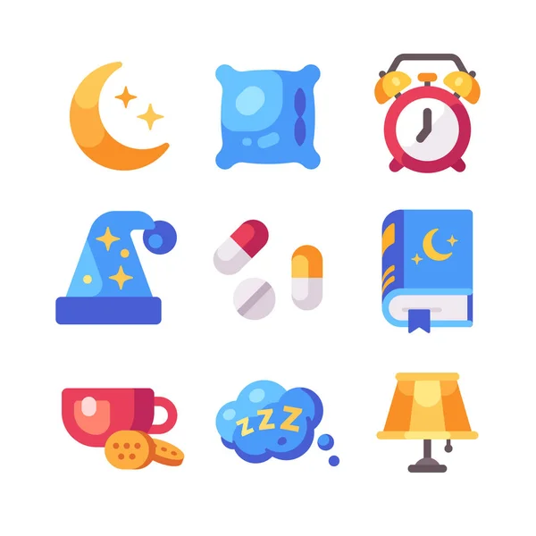 Uppsättning med Flat Sleep-ikoner. Månen, kudde, väckarklocka, piller, te, — Stock vektor