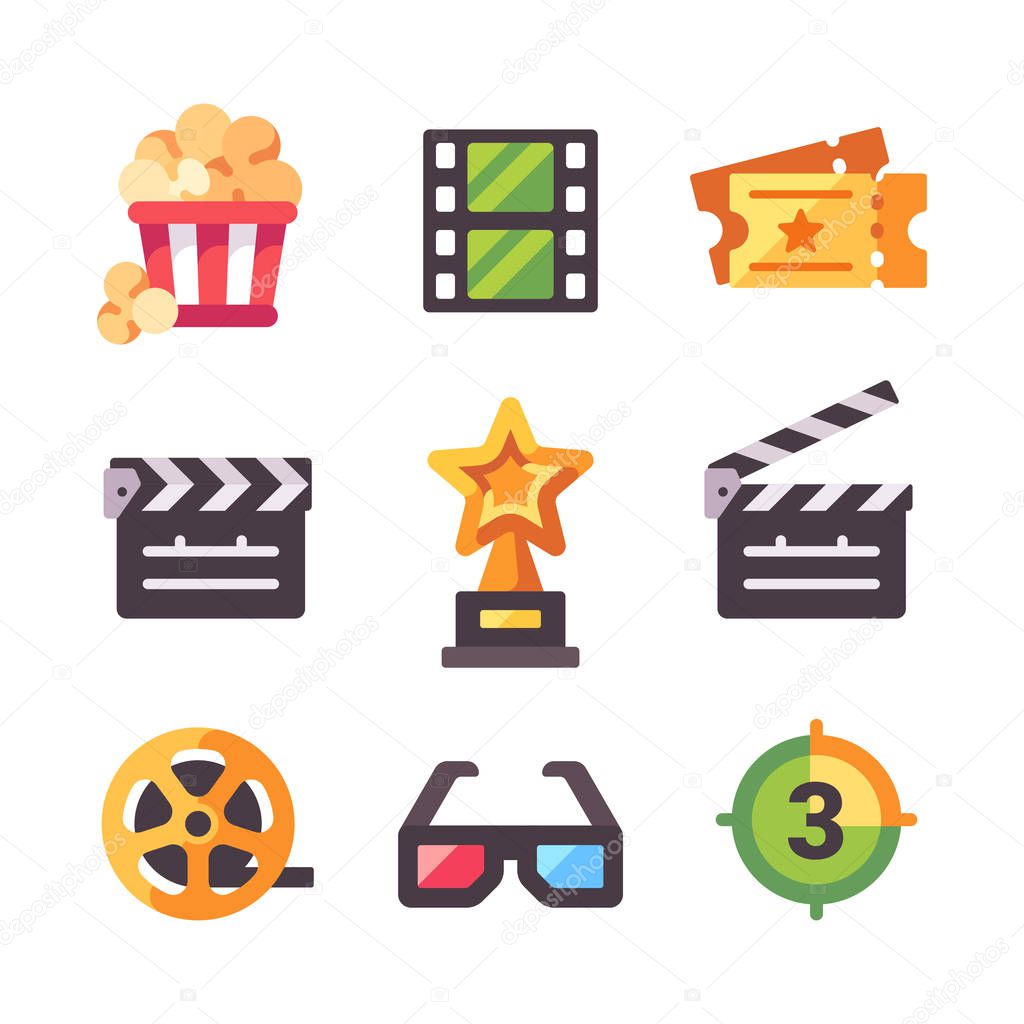 Set of flat cinema icons. Popcorn, tickets, award, clapper board