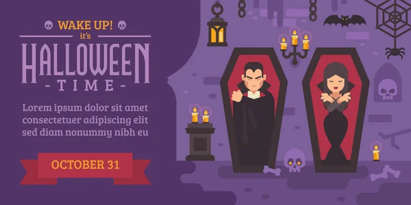 Folheto de Halloween com vampiros dormindo em caixões — Vetor de Stock
