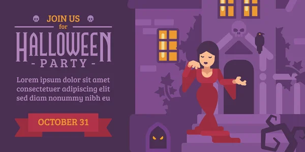 Folheto de Halloween com uma mulher em um vestido vermelho em uma casa assombrada Vetores De Stock Royalty-Free