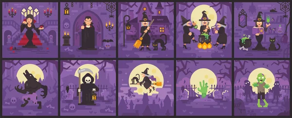 Dez cenas de Halloween com bruxas, vampiros, zumbis, lobisomens Ilustração De Stock