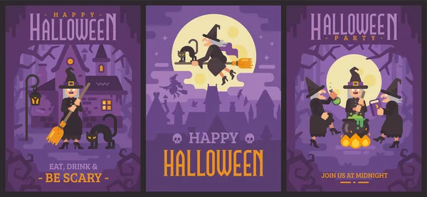 Три плаката на Хэллоуин со старыми ведьмами Векторная Графика