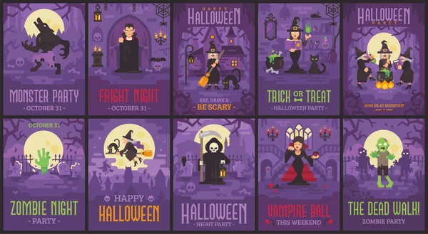 Tien Halloween posters met heksen, vampiers, zombies, weerwolven — Stockvector