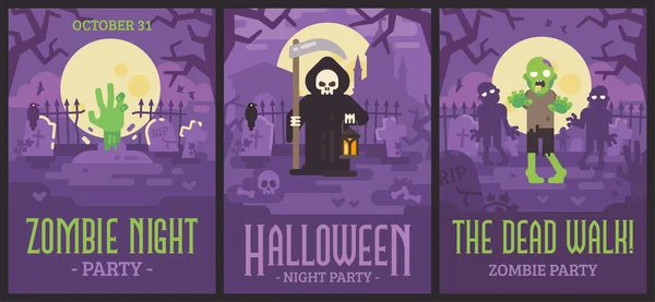 Tre poster di Halloween con scene di cimitero. Volantini di Halloween — Vettoriale Stock