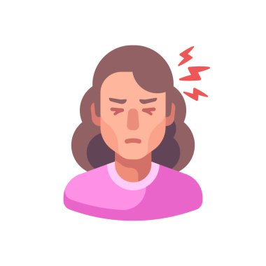 Baş ağrısı düz bir illüstrasyon. Yorgun kadın kendini hasta hissediyor.