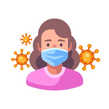 Tıbbi maskeli kadın. Virüs koruması düz çizim. Havada dolaşan kırmızı koronavirüs.