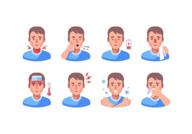 Farklı grip belirtileri gösteren bir adam. Tıbbi karakter koleksiyonu. Coronavirus belirtileri belirlendi.