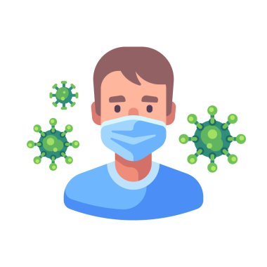 Tıbbi maskeli adam. Virüs koruması düz çizim. Havada süzülen yeşil koronavirüs.