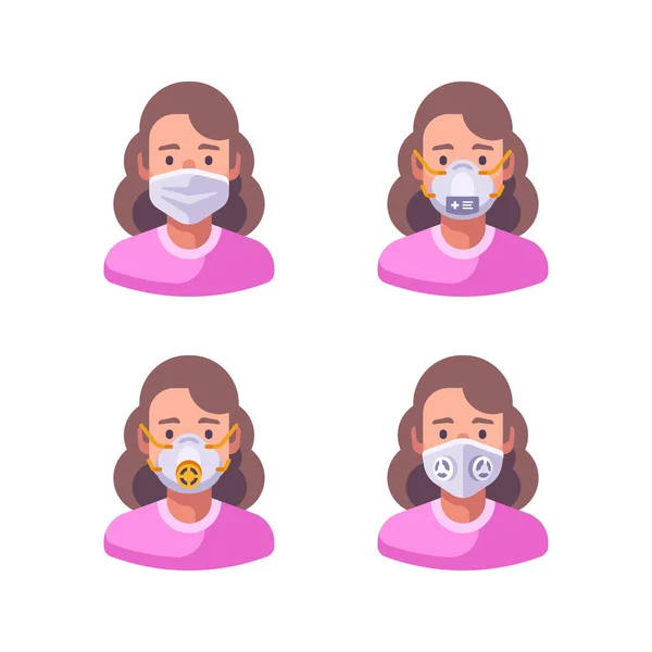 Mujer Con Diferentes Tipos Mascarillas Personaje Médico Conjunto Ilustración Plana — Vector de stock
