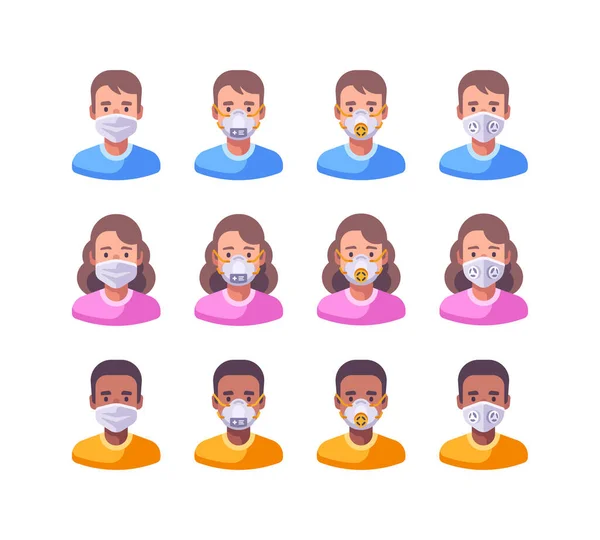 フェイスマスクの異なるタイプの文字のセット 医療保護フラットイラスト ウイルス防止アイコン — ストックベクタ