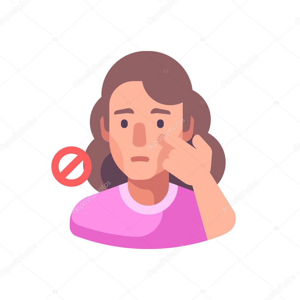 Don't touch your face to prevent infection. Virus prevention flat illustration. Hygiene icon