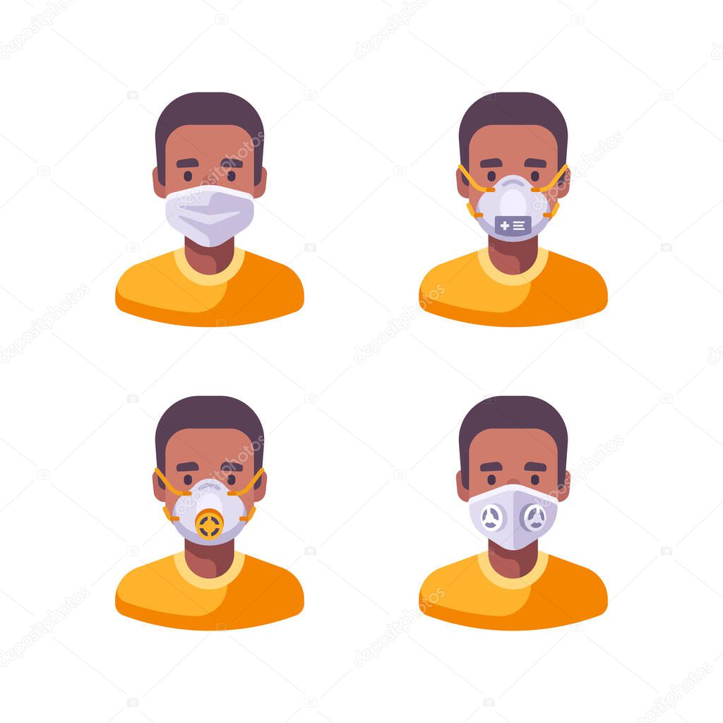 African American man in different types of face masks. Medical character set flat illustration. Virus prevention icons.