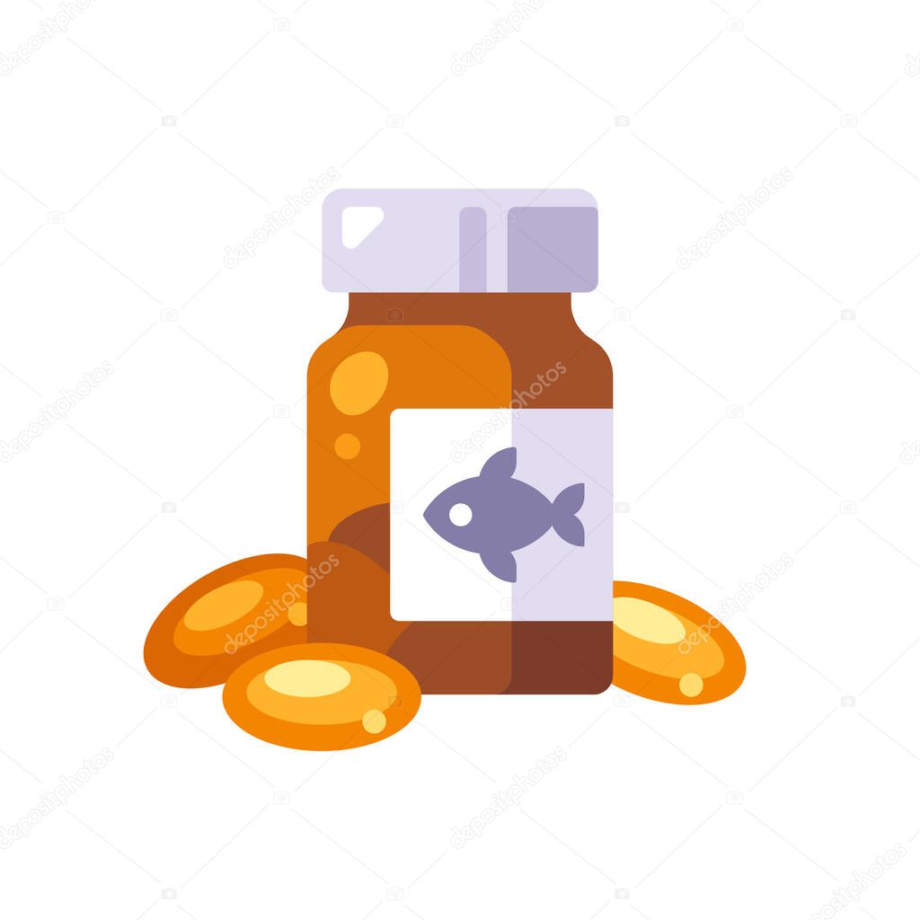 Fish oil pills in a glass bottle. Omega 3 vitamin capsules flat illustration.