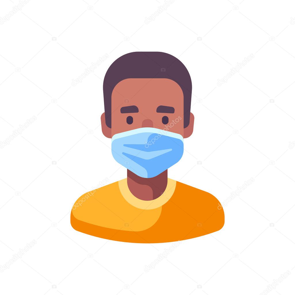 African American man in medical surgical mask. Virus protection flat illustration