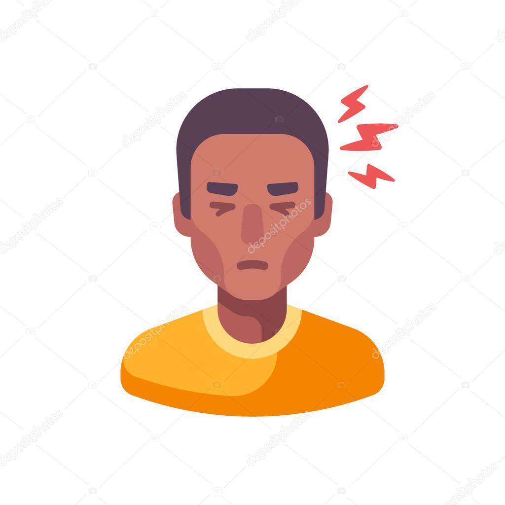 Headache flat illustration. Tired African American man feeling sick