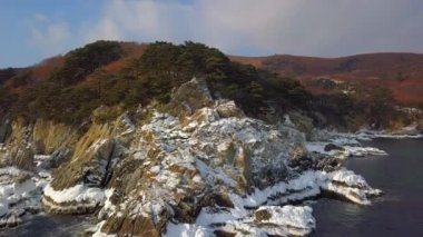 Okyanus cliff, dik kayalık sahil şeridi, Uzak Doğu Marine Reserve Primorsky Krai içinde havadan görünümü