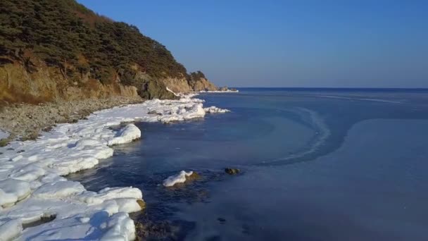 海の崖 急な岩の多い海岸線極東沿海地方の海洋保護区の空撮 — ストック動画