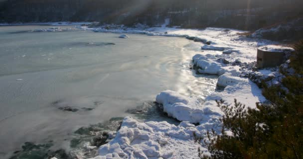 拍摄海洋悬崖 陡峭的岩石海岸线 远东海洋保护区在滨海区符拉迪沃斯托克边疆区 — 图库视频影像