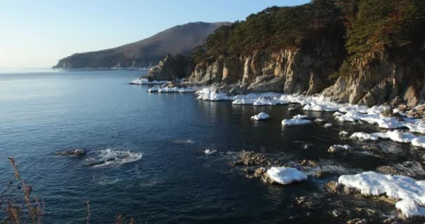 岩の多い海岸線 極東沿海地方の海洋保護区を急峻な海崖の撮影 — ストック動画