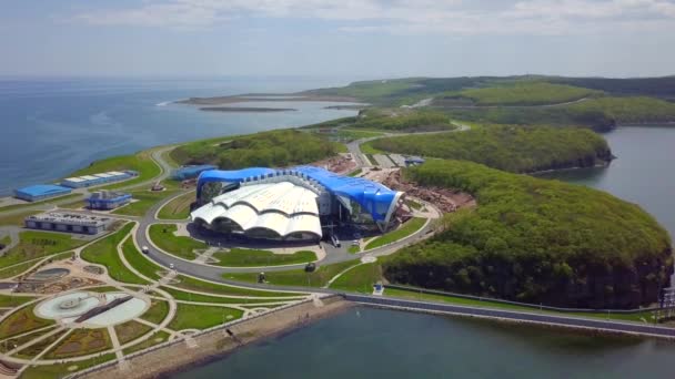 Het Algemeen Verre Helikopter Panorama Moderne Nieuwe Primorski Aquarium Voor — Stockvideo