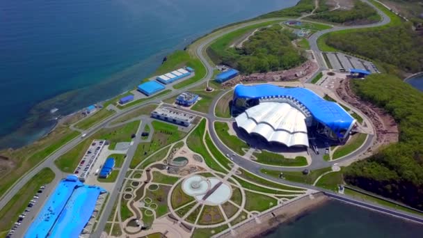 Celkově Daleko Vrtulník Panorama Moderní Nové Primorsky Akvárium Pro Apec — Stock video