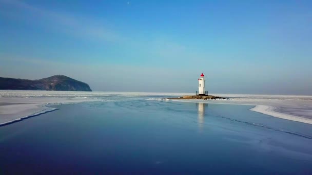 Antenne Winter Ansicht Des Tokarevskiy Leuchtturm Einer Der Ältesten Leuchttürme — Stockvideo