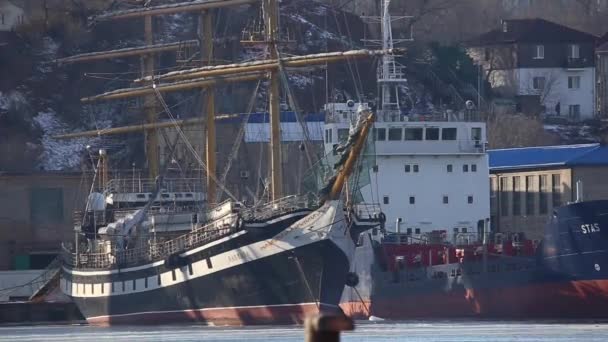 Vladivostok December 2017 Educational Sailing Ship Pallada Stands Dock Golden — Stock Video