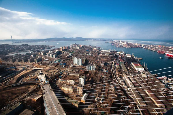 Construction of the bridge birches in Golden Horn Bay in 2012 to the APEC SUMMIT. The Golden Bridge in Vladivostok