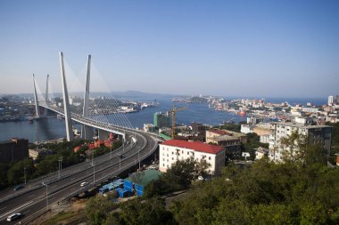 Altın Askılı köprü yol araç trafiği yukarıdan. Modern Vladivostok Rusya gece aydınlatma. Eski ve modern Merkez binaları.
