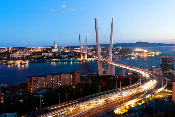 Altın Askılı köprü yol araç trafiği yukarıdan. Modern Vladivostok Rusya gece aydınlatma. Eski ve modern Merkez binaları.