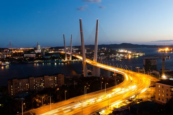 Altın Askılı köprü yol araç trafiği yukarıdan. Modern Vladivostok Rusya gece aydınlatma. Eski ve modern Merkez binaları.
