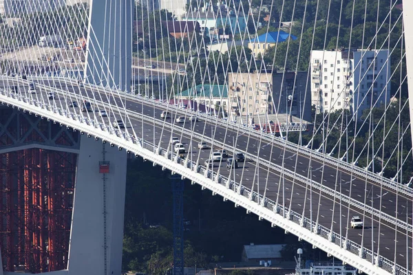 Altın Askılı köprü yol araç trafiği yukarıdan. Modern Vladivostok Rusya gece aydınlatma. Eski ve modern Merkez binaları.